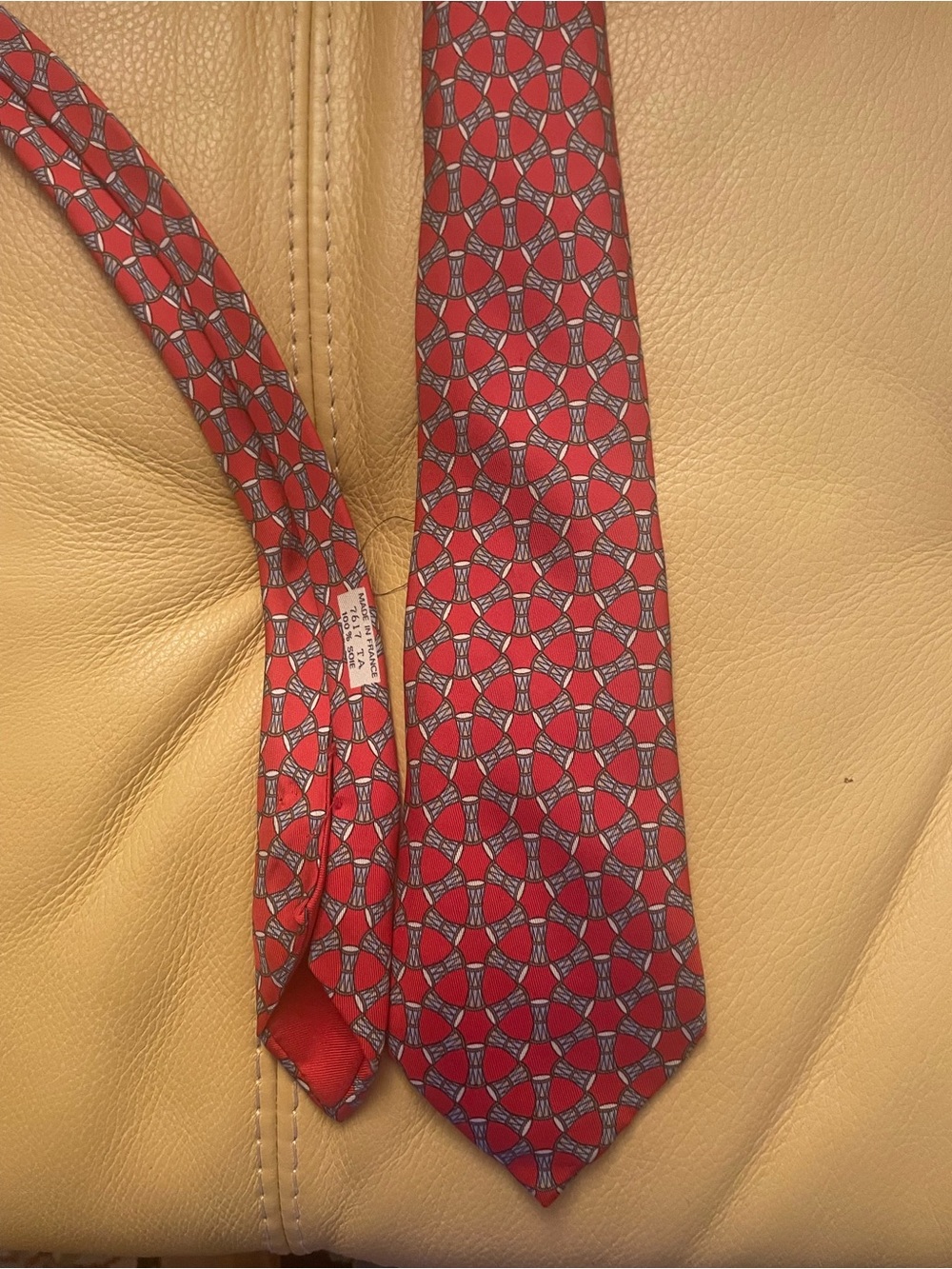 Hermes Red and Gray Geometric Silk Tie